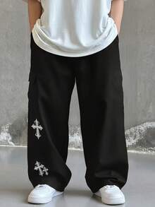 SHEIN Little Byeori 兒童青少年男孩休閒日常舒適工裝直筒寬鬆長褲，黑色工裝褲，新年款，6-7歲適用，適合外出、約會、上學，春夏秋冬四季穿著 - 彩色 - 查看 4
