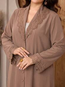 Al Najma Plus Size Women's Lace Patchwork Casual Party Travel Abaya - Camel - View 3