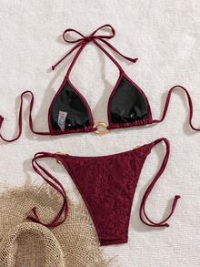 SHEIN Swim 春夏女款兩件式泳衣套裝，性感度假風優雅浪漫掛脖綁帶蕾絲金屬環沙灘泳裝套裝 - 酒紅色 - 查看 2