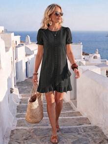 EMERY ROSE Summer New French Style Embroidered Eyelet Black Dress For Women, Puff Sleeve Round Neck Loose Fit Ruffle Asymmetrical Hem A-Line Babydoll Dress - Black - View 1