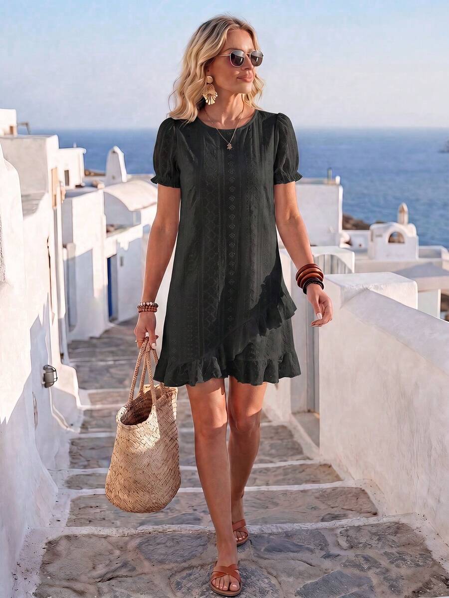 EMERY ROSE Summer New French Style Embroidered Eyelet Black Dress For Women, Puff Sleeve Round Neck Loose Fit Ruffle Asymmetrical Hem A-Line Babydoll Dress - Black - View 1