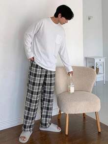 DAZY 男士春秋長袖純色口袋睡衣T恤搭配格紋長褲家居服套裝 - 彩色 - 查看 4