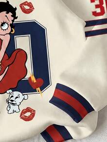 Slaydiva Betty Boop x SHEIN Plus Size Women's Colorblock Patchwork Cartoon Print Hooded Sweatshirt Winter - Multicolor - View 4