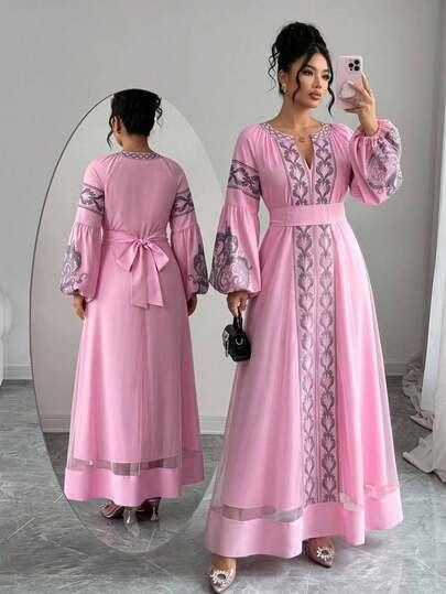 Elenzga Plus Size Lantern Sleeve V-Neck Ultra Long Printed Middle Eastern Cinched Waist Women's Maxi Dress