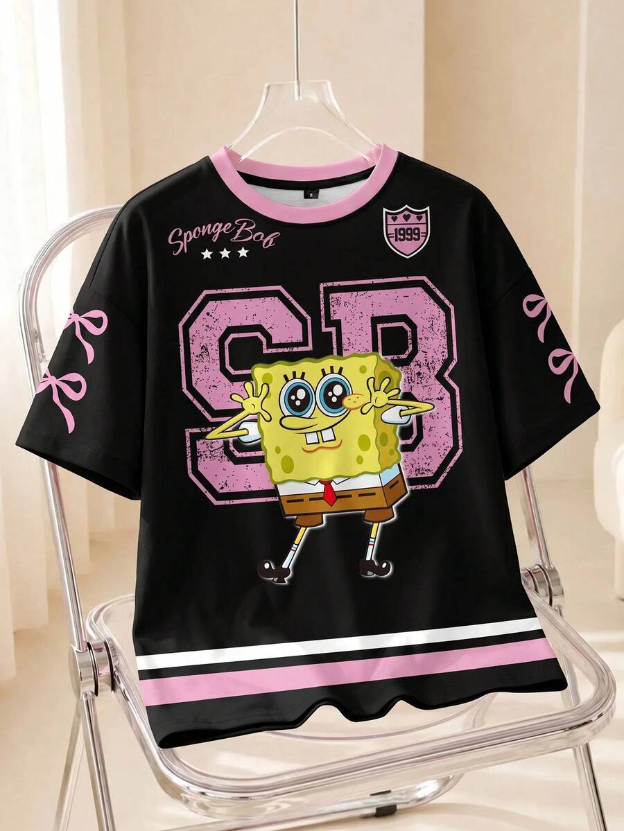 SpongeBob SquarePants | SHEIN 女士圆领短袖休闲可爱印花夏季T恤,X - 白色 - 查看 1