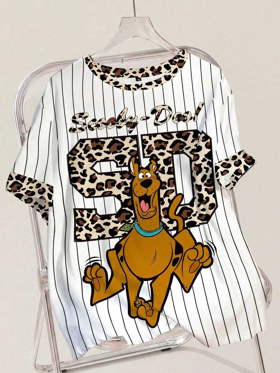 SCOOBY-DOO X SHEIN Kaos Lengan Pendek Motif Garis-Garis Patchwork Motif Leopard Ukuran Besar untuk Musim Panas - Putih - View 1