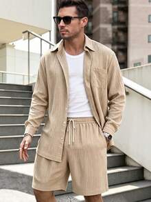 Manfinity Dauomo Casual Fashion Solid Color Shirt And Shorts Set For Men - Khaki - View 4