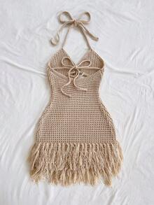 Soleia Women's Plus Size Metal Decor Tassel Design Casual Matching Kawaii Daily Knit Halter Neck Dress Fall Beach Vacation - Apricot - View 2