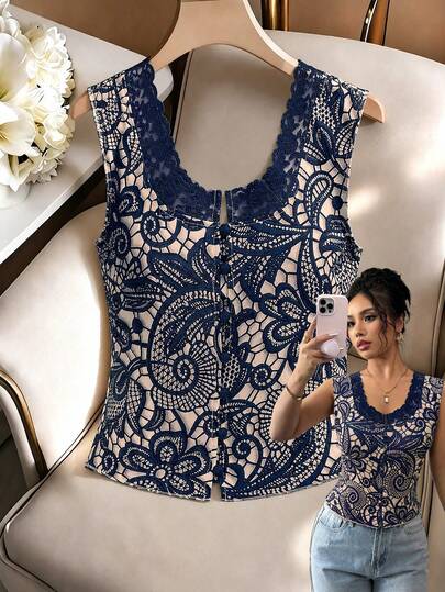 Elenzga Women's Elegant Fashionable Commute Casual Comfortable Charming Vintage Minimalist High-End Romantic Holiday Vacation Sleeveless Square Neck Slim Fit Open Collar Patchwork Lace Trim Faux Lace Print Tank Top (Random Print)
