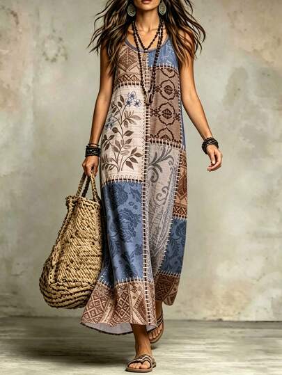 Glimmora Patchwork Retro Printed Sleeveless Spaghetti Strap Dress Women Bohemian Loose Linen Vacation Flattering Long Dress