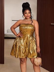 Maweii Party Style Metallic Waist-Cinching A-Line Mini Dress, Sexy Off-Shoulder Sleeveless Slimming Plus Size Dress - Gold - View 1