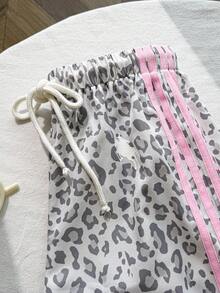 SHEIN 青少年女孩小馬刺繡休閒百搭修身低腰鬆緊腰寬鬆寬腿運動長褲，四季適用 - 灰色 - 查看 5
