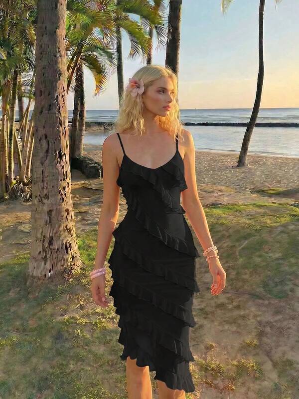 Skyraze Black Dress Party Women Dresses Date Night Dress Solid Ruffle Trim Asymmetrical Hem Cami Dress