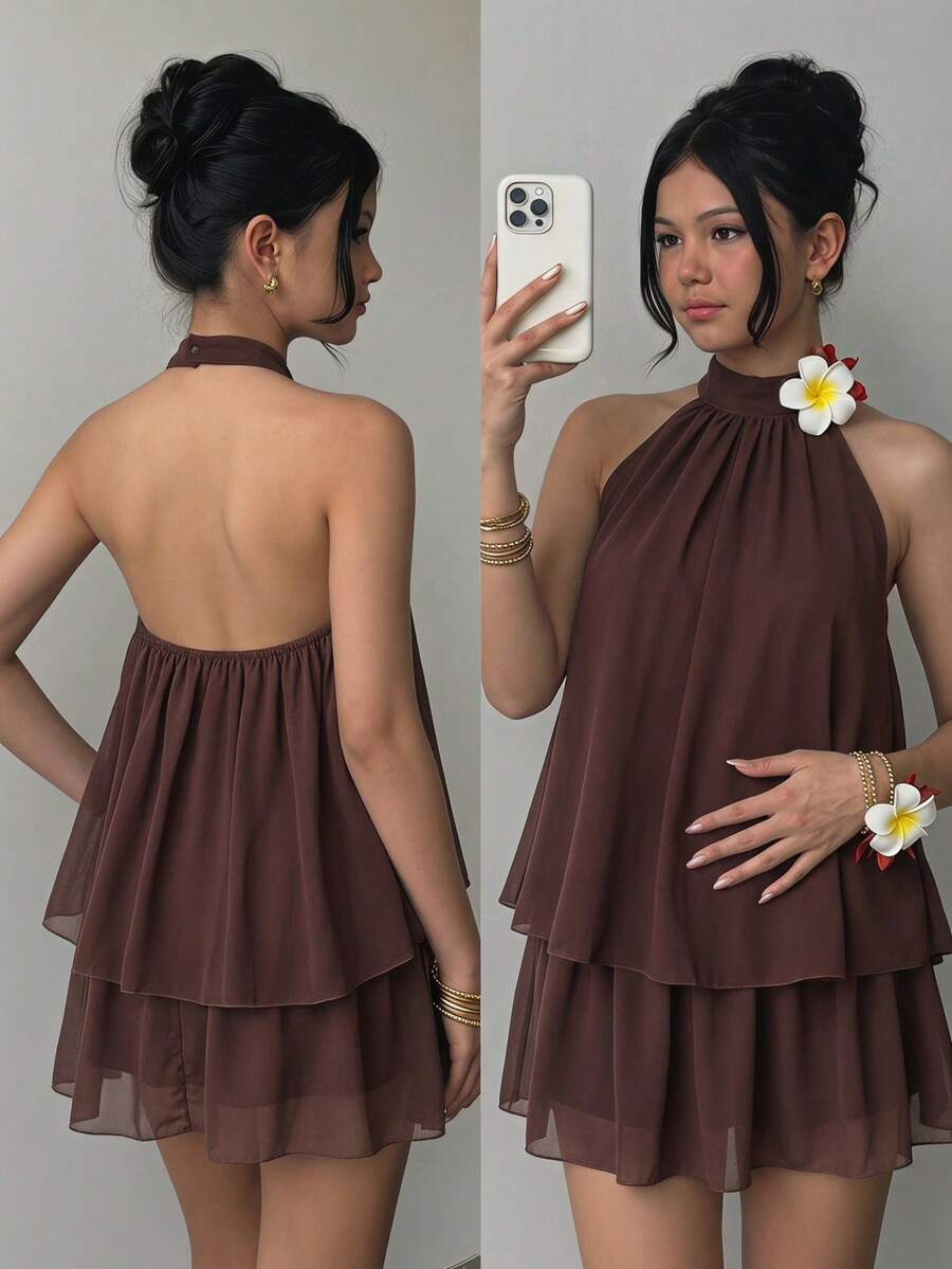 SHEIN 青少年女孩休閒返校 3 件套服裝,彈性針織、無彈力梭織,柔軟聚酯纖維 - 棕色 - 查看 1