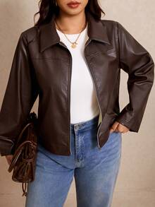 Elaquor Plus Size Fashion Streetwear PU Material Long Sleeve Zipper Jacket Casual Daily Going Out Brown Jacket For Women Fall/Winter Casual Office Work Outfit - Brown - View 7