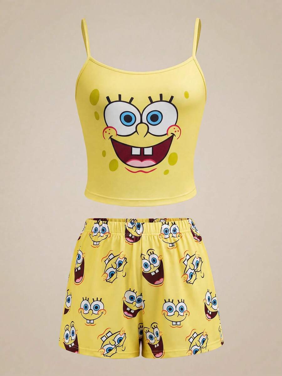 SpongeBob SquarePants | SHEIN 女士卡通印花吊带背心和短裤睡衣套装 - 黃色 - 查看 1