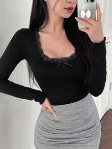 DAZY 女款休閒百搭素色蕾絲飾邊T恤 - 黑色 - 查看 5