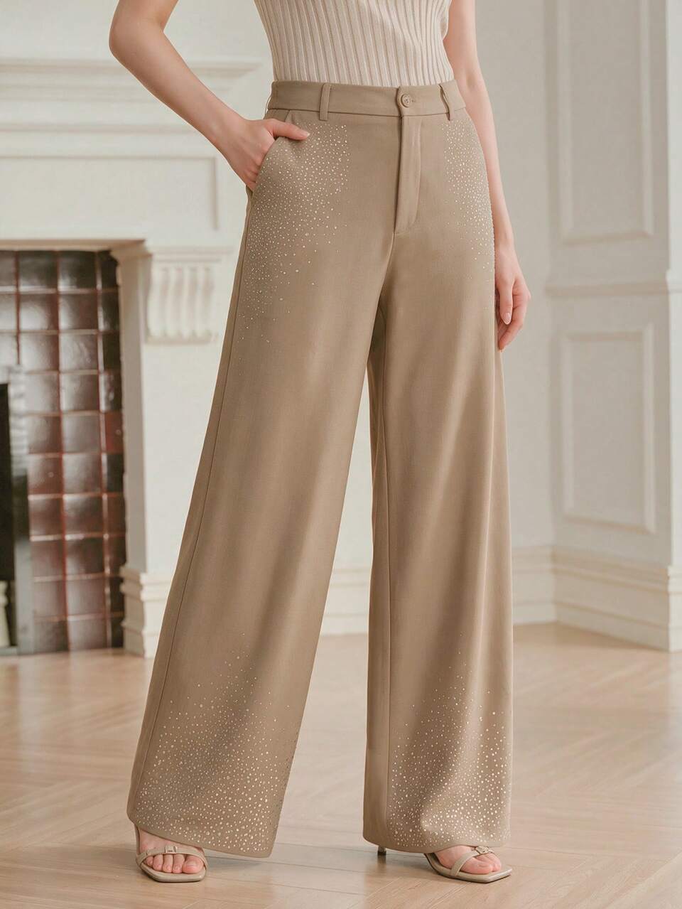 Anewsta Silver Drape Straight Leg Pants With Heavy Rhinestone Embellishments, Women's Commuter Versatile Casual Elegant Sequin Long Party Night Autumn