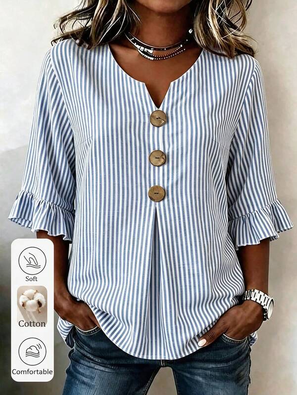 Linhara CURVE New Summer Retro Casual Loose Plus Size Women's Shirt, Blue Striped Cotton Blouse, Breathable & Comfortable