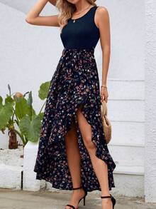 INAWLY Ditsy Floral Print Ruffle Trim Asymmetrical Hem Belted Dress - Multicolor - View 1