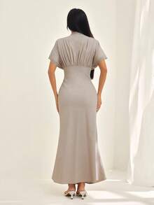SHEIN PETITE Spring Summer Linen French Lace Splice V-Neck Dress High-Waist Pleated Design Slimming Fit Flowing Mid-Length Elegant Vacation Gray Brunch Tea Party - Apricot - View 7