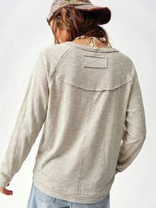 Bohemela Vacation Solid Color Knit Round Neck Raglan Sleeve Long Loose Fit Women T-Shirt Everyday Grey Autumn Casual - Beige - View 2