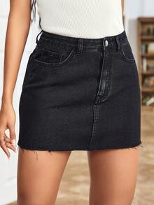 EMERY ROSE Plus Size Women's Casual Denim Mini Skirt With Pockets - Black - View 5