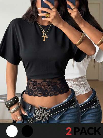 Coolane Camiseta corta básica casual minimalista Y2K de verano para mujer, estilo callejero de vuelta a la escuela, blanca elástica holgada con fruncido y encaje de contraste