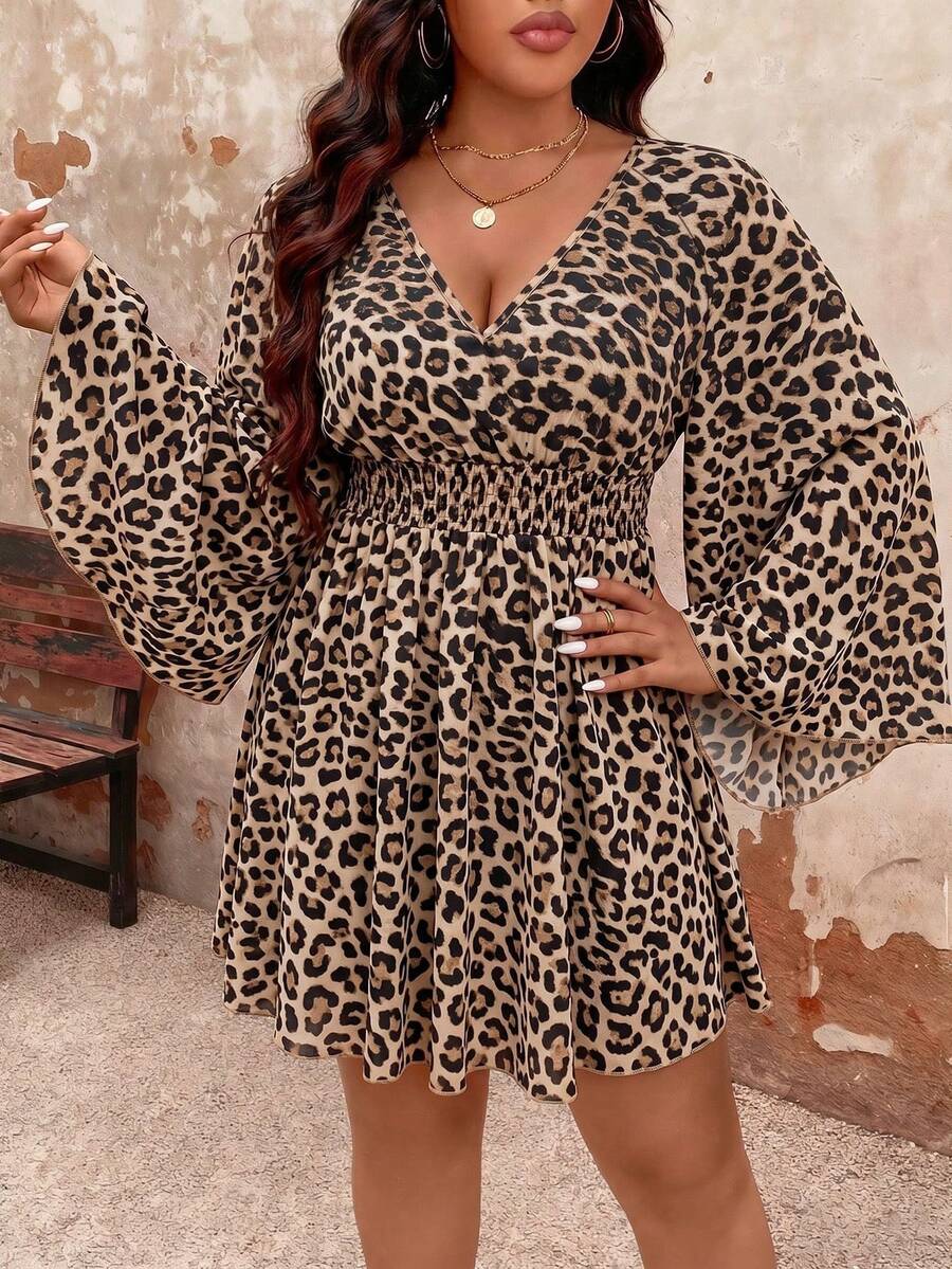 EMERY ROSE Plus Size Leopard Print V-Neck Long Sleeve Dress Fall - Coffee Brown - View 1