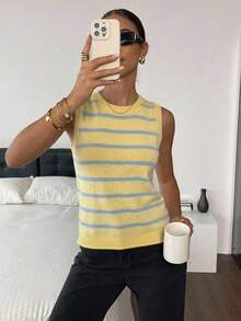 Muvela Casual Preppy Blue And Yellow Base With Stripes Back-To-School Versatile Women's Sweater Vest Suitable For Autumn And School - Multicolor - View 3
