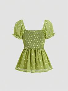 SHEIN Sweetro Spring Summer Autumn Green Woven Floral Print Fashion Sexy Sweet Comfortable Commute Low Neckline Lace Trim Bow Tie Strap Short Sleeve Blouse For Women - Multicolor - View 2