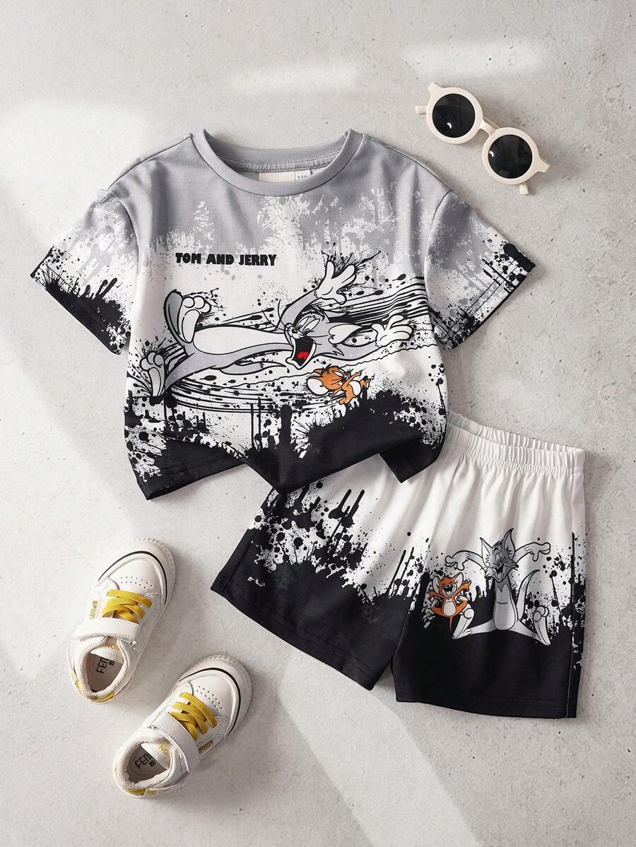 TOM & JERRY X SHEIN 男嬰圓領字母卡通印花短袖T恤與短褲休閒日常套裝 - 白色 - 查看 1