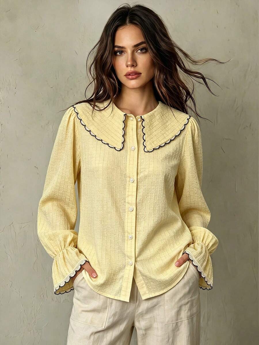 Franclia New Arrival Colorblock Cute Puff Sleeve Women's Blouse - Yellow - View 1