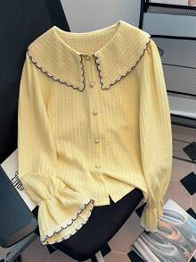 Franclia New Arrival Colorblock Cute Puff Sleeve Women's Blouse - Yellow - View 2