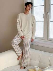 DAZY 男士春秋長袖素色杏色T恤與條紋長褲家居服套裝 - 彩色 - 查看 5