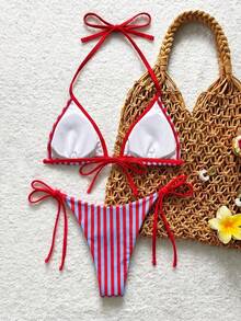 Swim Mod 女款時尚性感紅色條紋比基尼套裝，附荷葉邊綁帶泳衣，適合郵輪度假、休閒旅行、海灘穿著、夏季 - 紅色 - 查看 2