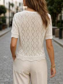 SHEIN White Shimmer Diamond Hollow V-Neck Knit Short Sleeve Full Body Texture Spring Summer Boho French Casual Goddess Vacation Brunch - Apricot - View 3