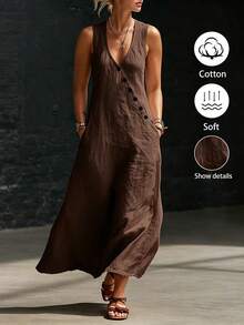 Linhara CURVE Plus-Size Women's V-Neck Sleeveless Long A-Line Dress Made Of 100 Cotton, Suitable For Holiday Casual, Bohemian, Daily Wear, Beach Formal Vacation - Brown - View 1