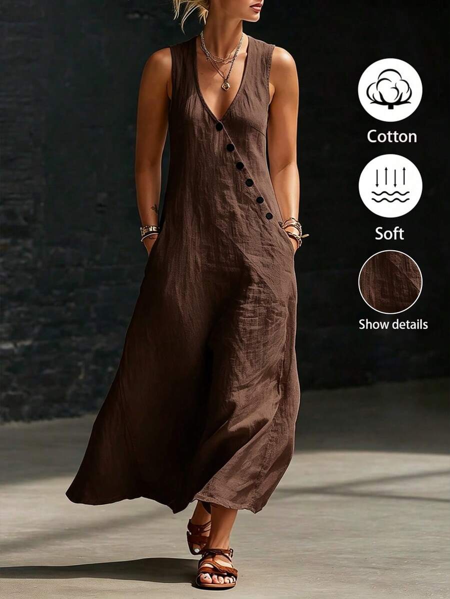 Linhara CURVE Plus-Size Women's V-Neck Sleeveless Long A-Line Dress Made Of 100 Cotton, Suitable For Holiday Casual, Bohemian, Daily Wear, Beach Formal Vacation - Brown - View 1