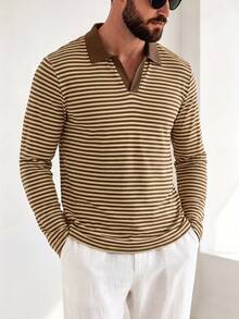 Manfinity Dauomo Brown Beige Striped Ribbed Long Sleeve Polo, Minimal Casual Style, Spring Autumn, Daily Commute, Dat Vacation Airport - Multicolor - View 2