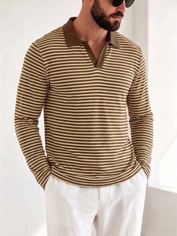 Airaco Brown Beige Striped Ribbed Long Sleeve Polo, Minimal Casual Style, Spring Autumn, Daily Commute, Dat