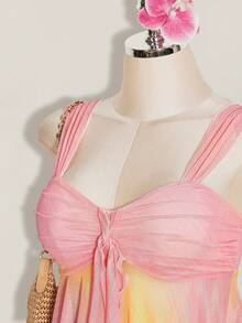 SHEIN ICON Women's Asymmetrical Ombre Mesh Ruffle Hem Camisole - Pink - View 5