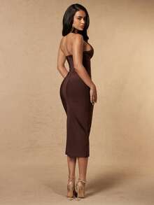 Silquee Vestido midi ajustado con escote en V profundo para mujer - Café - Ver 4