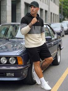 Sorvial Sudadera con capucha con bloques de color y detalles de parches con cordón para hombre, para otoño e invierno - Multicolor - Ver 4
