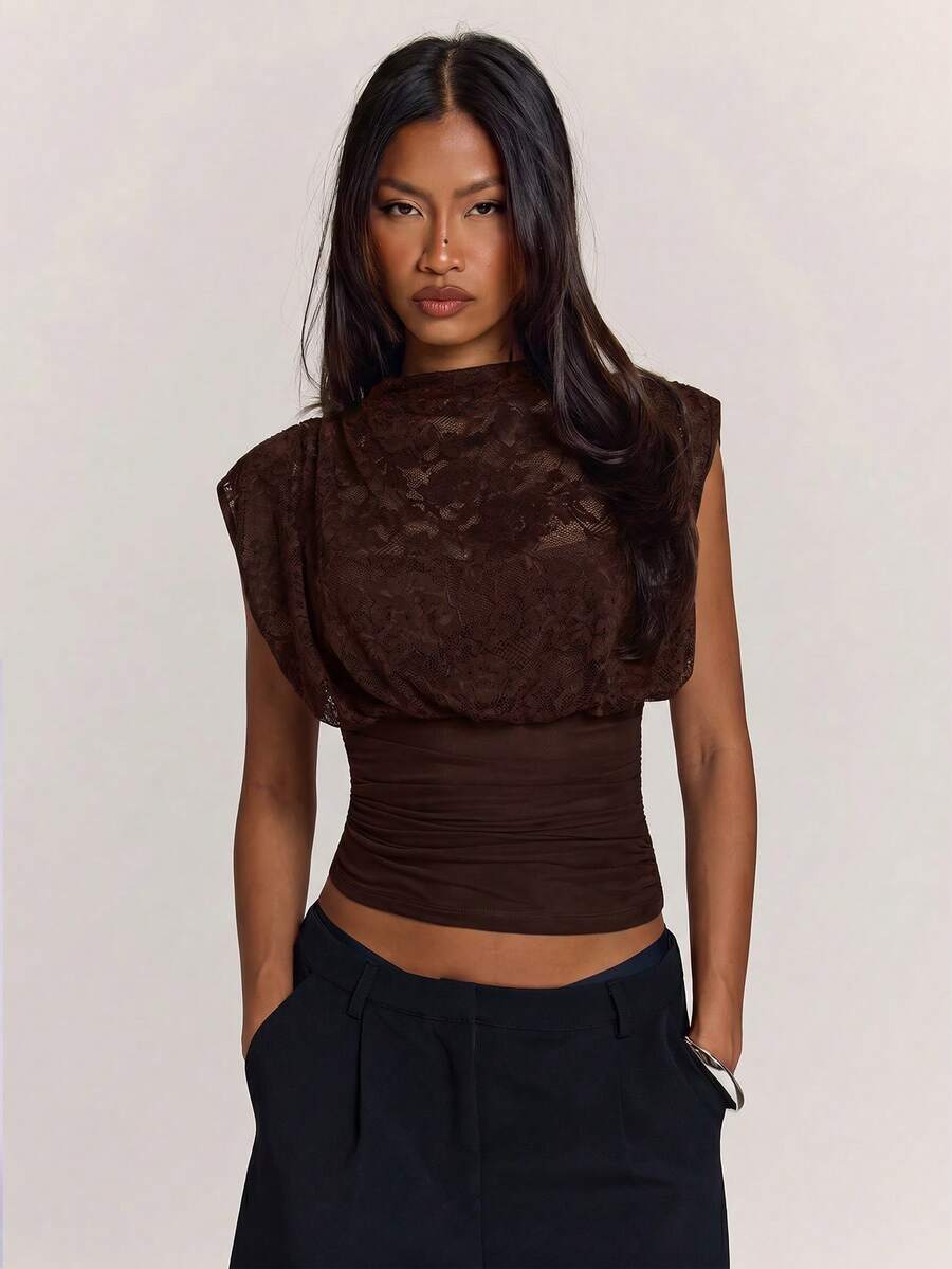 SHEIN BAE 女款夏季優雅蕾絲拼接上衣 - 咖啡棕 - 查看 1