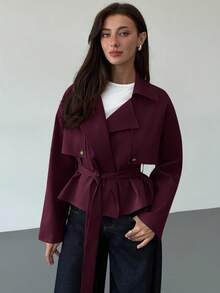 Aloruh 秋冬女款多功能卡其色收腰短款風衣外套 - 中紫紅色 - 查看 1