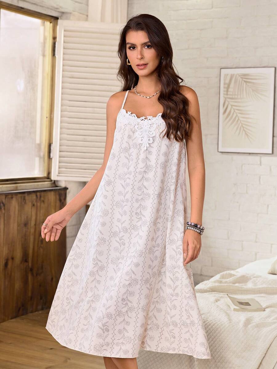 Serenescape Wisteria Flower Print Embroidered Collar Floral Decor Camisole Nightgown For Women - Beige - View 1