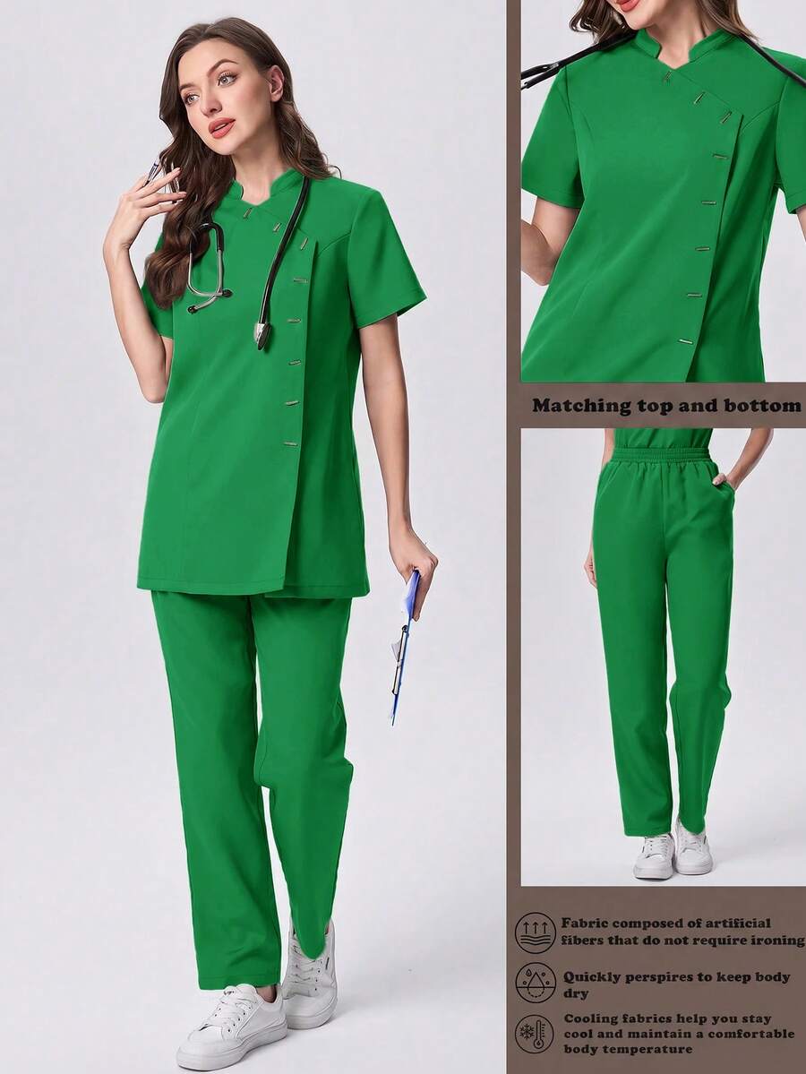 Scrubzie 抗皺立領短袖多鈕扣女款洗滌服上衣與長褲兩件套 - 綠色 - 查看 1