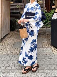 Irokai 日式傳統夏季女款兩件式浴衣和服，水墨印花，白色，度假風，傳統文化風格（不含腰帶） - 藍色 - 查看 1