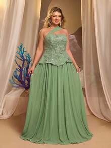 Glamrae Gaun Malam A-Line Berkerut Satu Bahu Berwarna Hijau Elegan, Glamor, dan Romantis Ukuran Plus, Cocok untuk Pesta Gala, Kencan, Pesta Dansa, Liburan, Pernikahan - Hijau - View 7